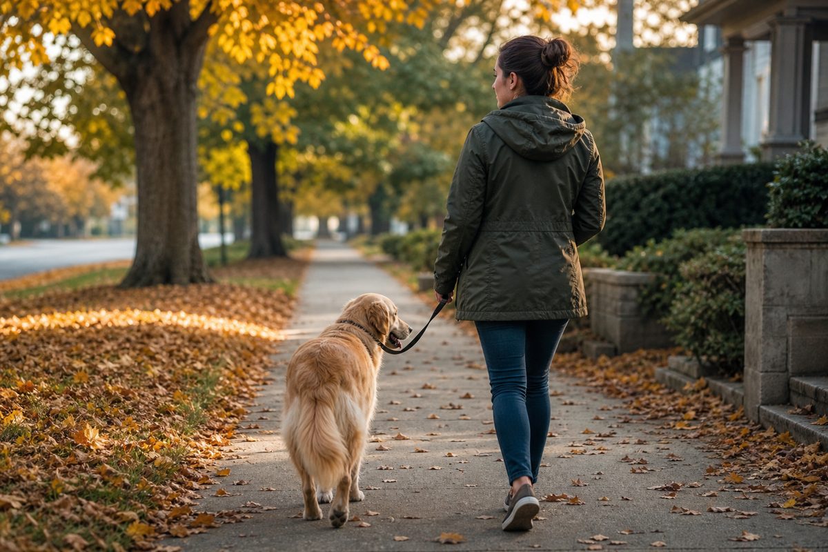 A woman walking a golden retriever on an autumn sidewalk