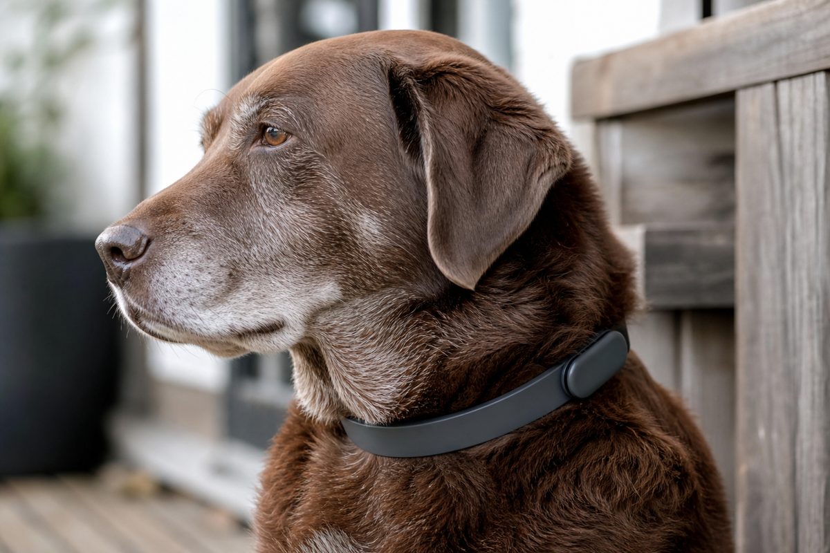 A dog wearing a smart GPS collar